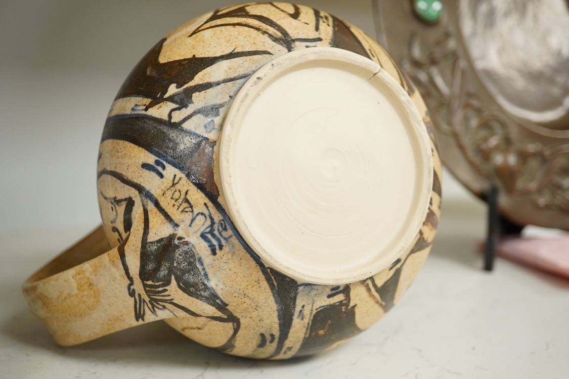 Yolande Beer (Sussex, contemporary), two Studio pottery vessels to include a vase in the form of a basket decorated with fish, largest